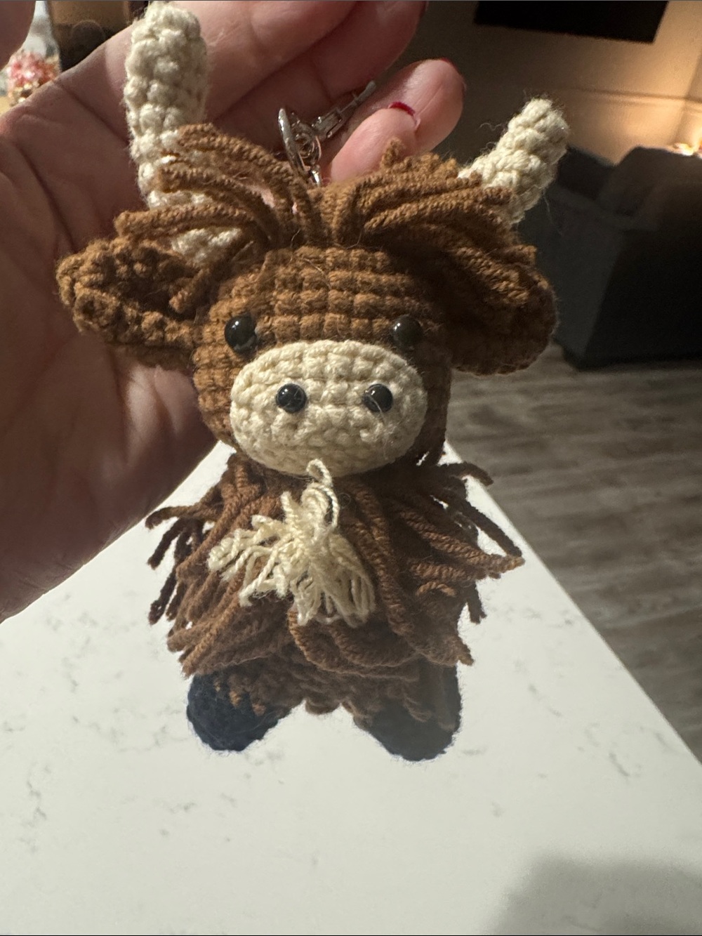 Handmade Brown & Cream Highland Cow Crochet bag charm Plush